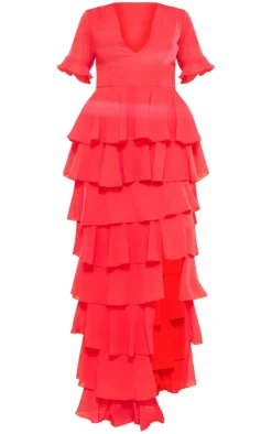 Red Chiffon Ruffle Layer Maxi Dress
