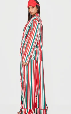 Red Chunky Stripe Satin Long PJ Set