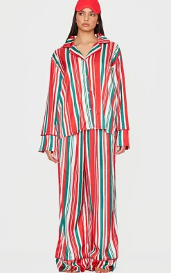 Red Chunky Stripe Satin Long PJ Set