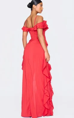 Red Cold Shoulder Ruffle Detail Maxi Dress
