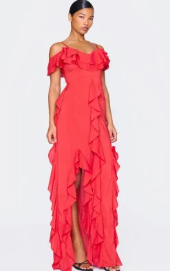 Red Cold Shoulder Ruffle Detail Maxi Dress