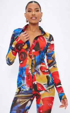 Red Collage Printed Chiffon Shirt