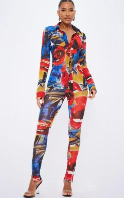 Red Collage Printed Mesh Leggings
