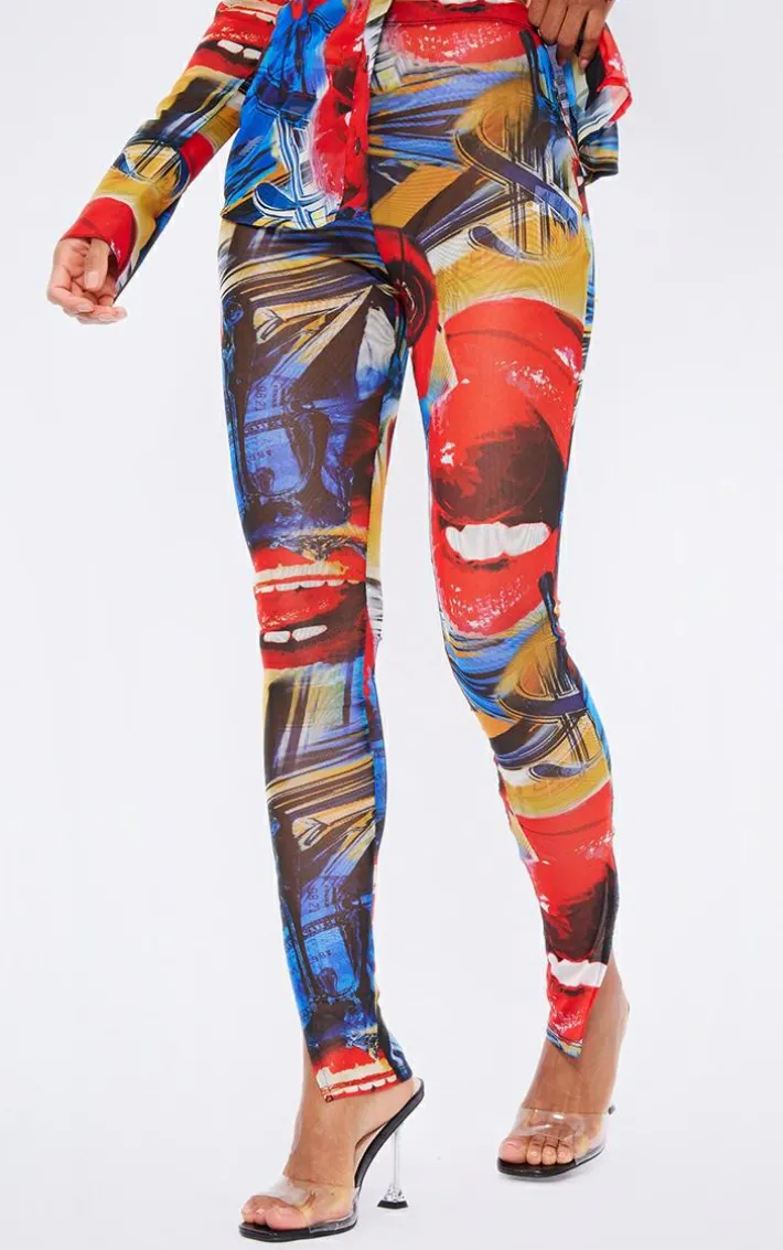 Red Collage Printed Mesh Leggings