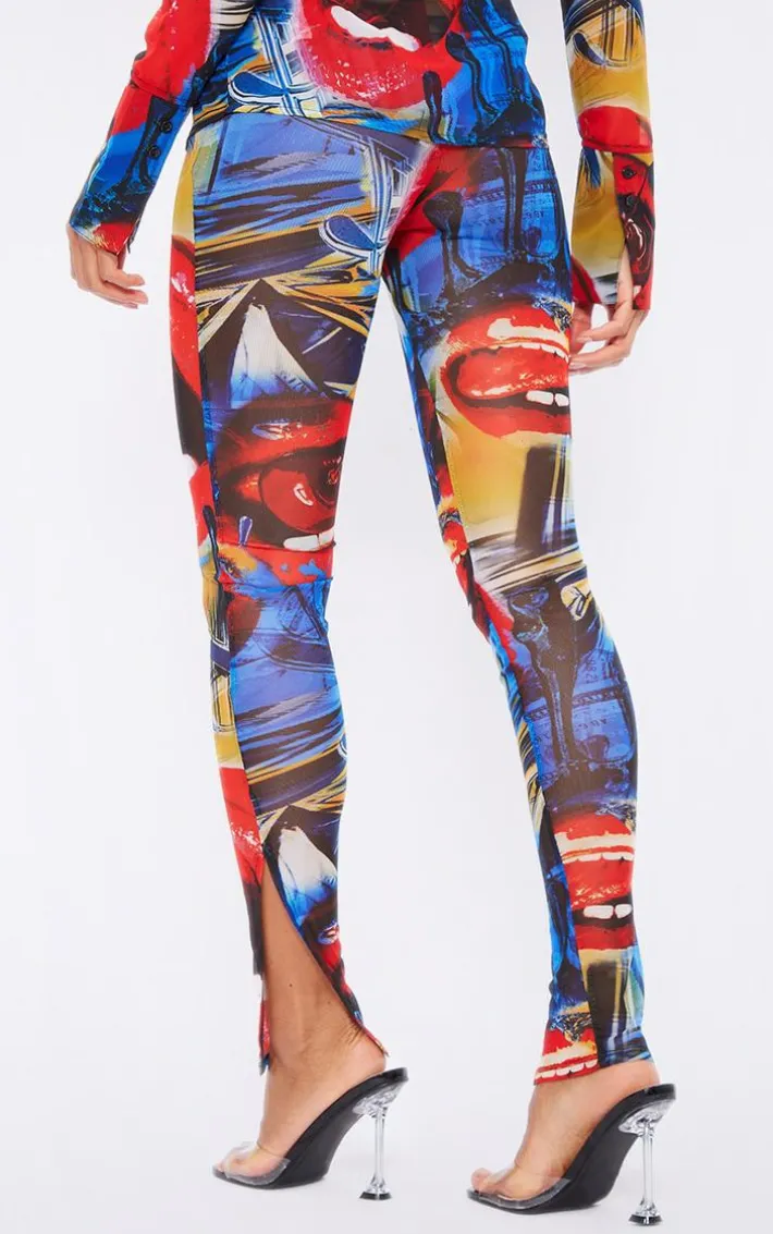 Red Collage Printed Mesh Leggings