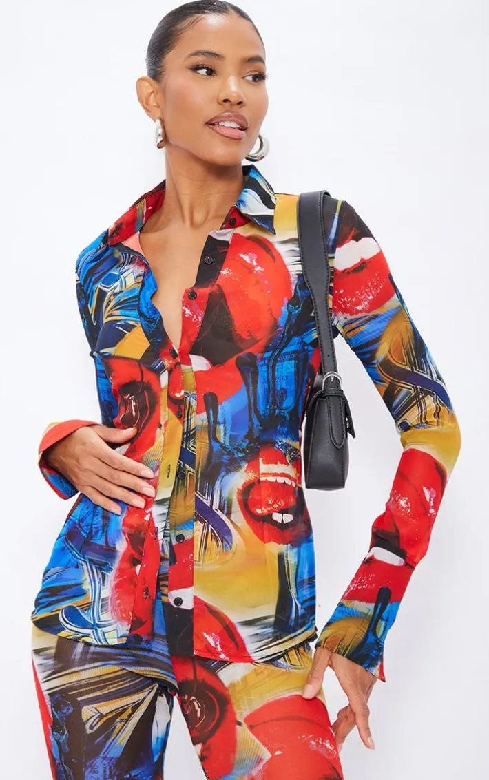 Red Collage Printed Mesh Leggings