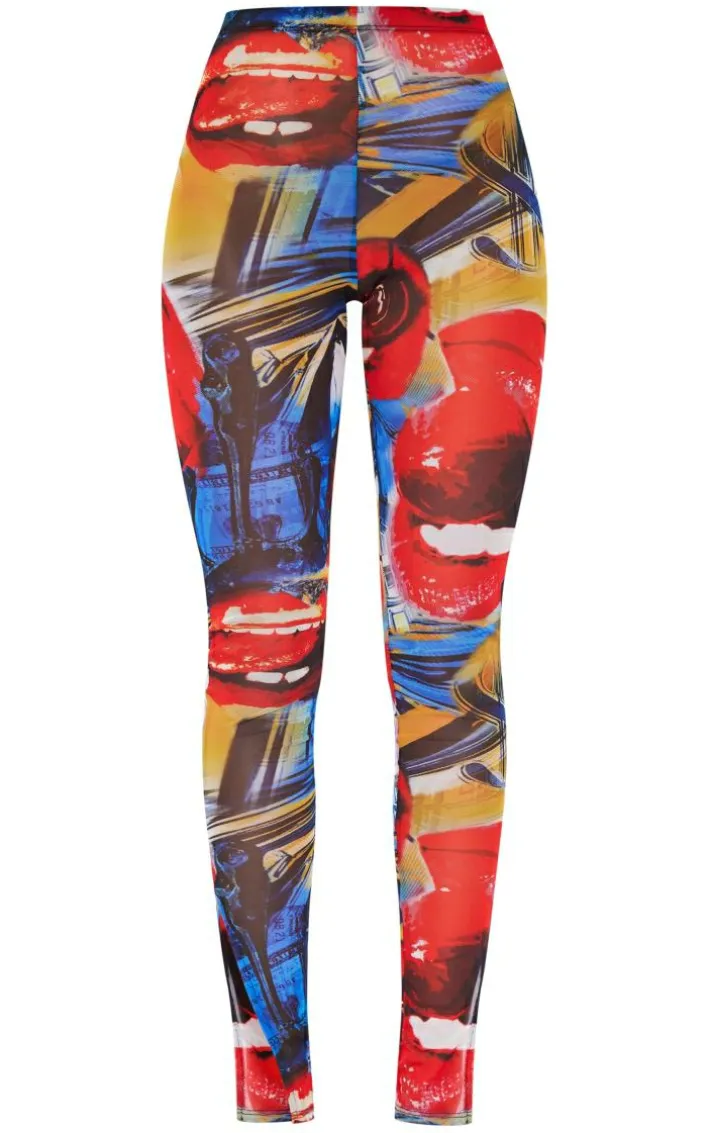 Red Collage Printed Mesh Leggings