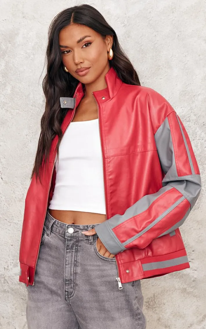 Red Contrast Color Block Oversized Jacket