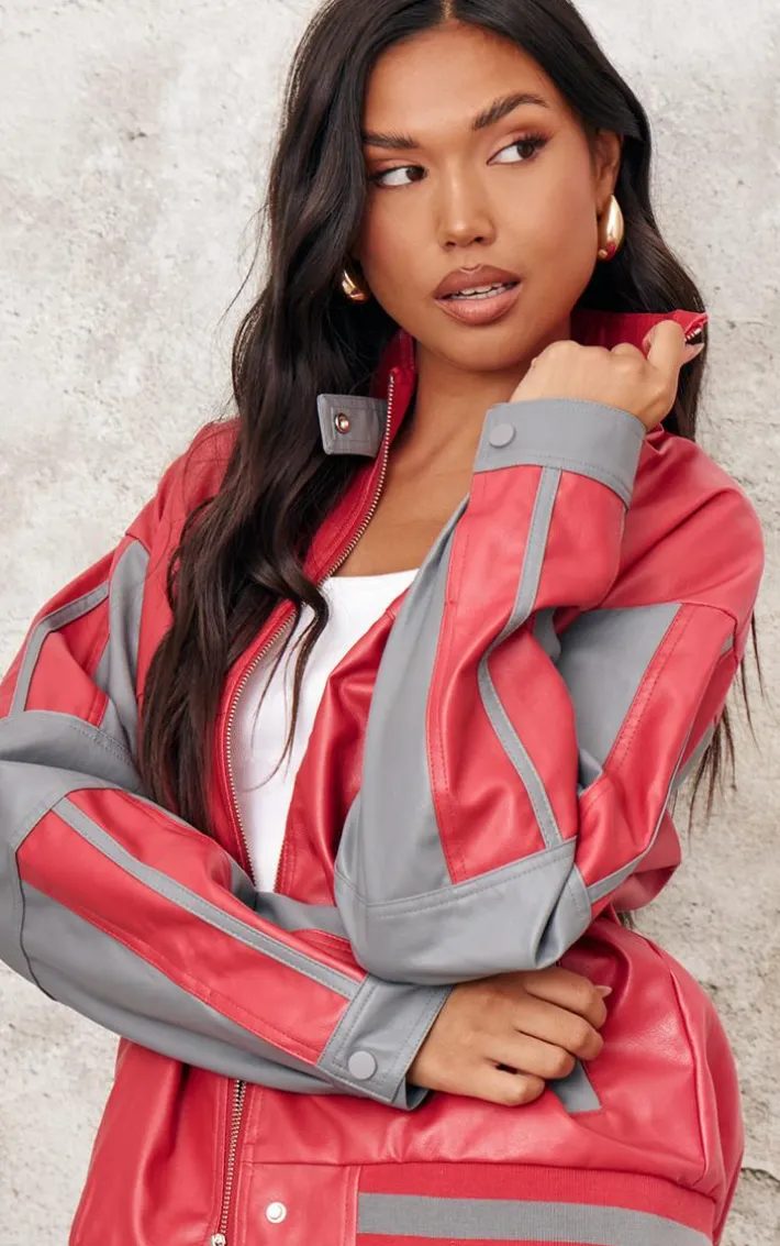 Red Contrast Color Block Oversized Jacket