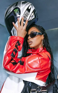 Red Contrast Panel Quilted Detail Faux Leather Motocross Jacket