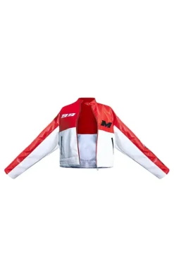 Red Contrast Panel Quilted Detail Faux Leather Motocross Jacket
