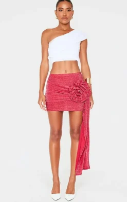 Red Corsage Detail Draped Mini Skirt
