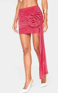 Red Corsage Detail Draped Mini Skirt