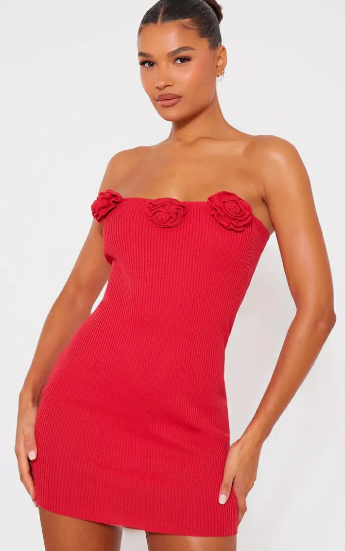 Red Corsage Detail Knit Bandeau Dress