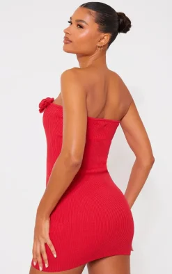 Red Corsage Detail Knit Bandeau Dress