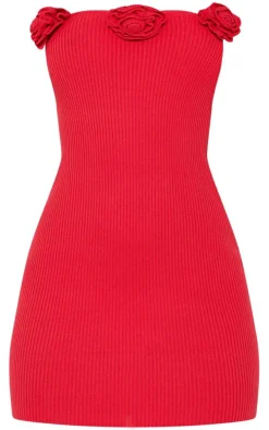 Red Corsage Detail Knit Bandeau Dress