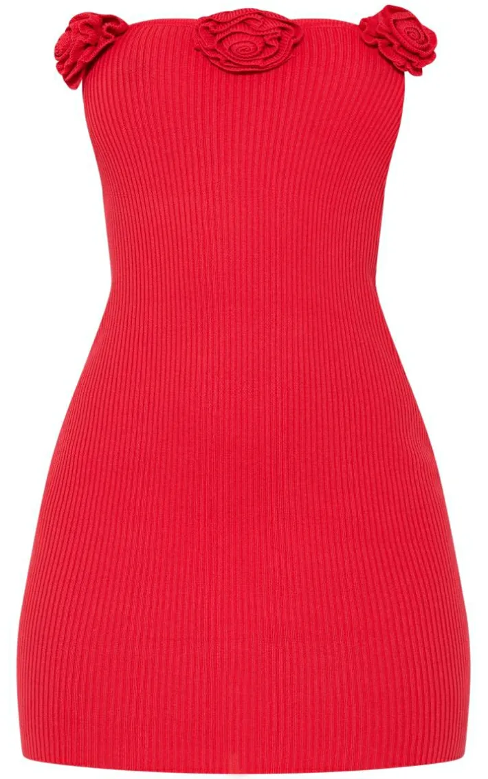 Red Corsage Detail Knit Bandeau Dress