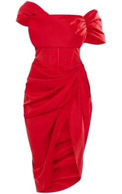 Red Corset Bardot Draped Midi Dress