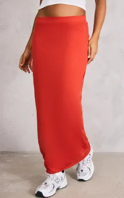 Red Cotton Low Rise Maxi Skirt