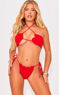 Red Crinkle Halter Neck Bikini Top