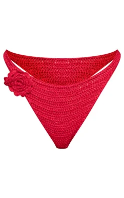 Red Crochet Applique Flower High Leg Bikini Bottoms