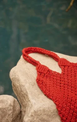 Red Crochet Detail Beach Tote Bag