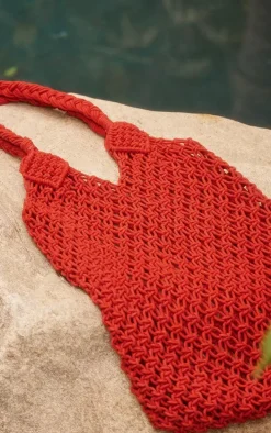 Red Crochet Detail Beach Tote Bag