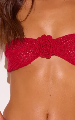 Red Crochet Flower Applique Bandeau Bikini Top