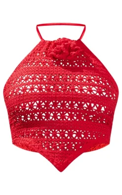 Red Crochet Flower Detail Halterneck Beach Top