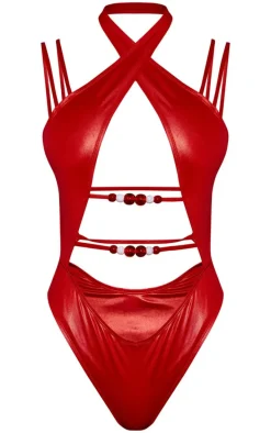 Red Cut Out Bead Trim Swimsuit