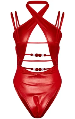 Red Cut Out Bead Trim Swimsuit