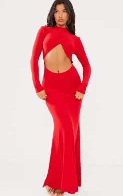 Red Cut Out Detail High Neck Maxi Dress