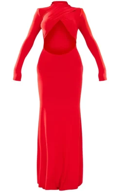 Red Cut Out Detail High Neck Maxi Dress