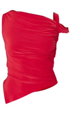 Red Double Layer Asymmetrical Twist Detail Top