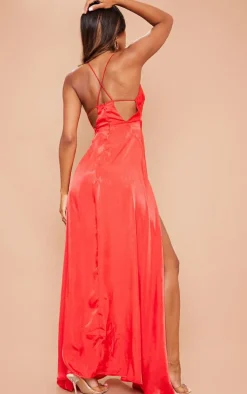 Red Extreme Split Strappy Back Maxi Dress