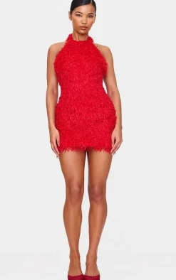 Red Faux Feather Halterneck Mini Dress