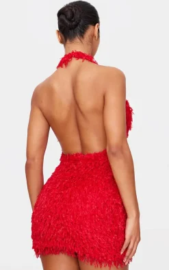 Red Faux Feather Halterneck Mini Dress