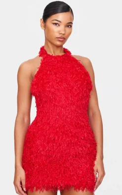 Red Faux Feather Halterneck Mini Dress