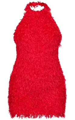Red Faux Feather Halterneck Mini Dress