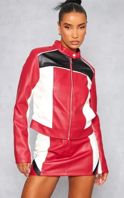 Red Faux Leather Contrast Panel Motor Jacket