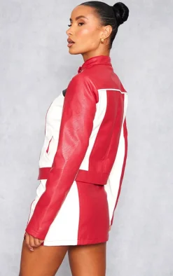 Red Faux Leather Contrast Panel Motor Jacket