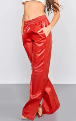 Red Faux Leather Elasticated Waist Straight Leg Pants