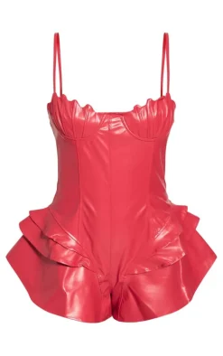 Red Faux Leather Frill Short Detail Strappy Romper