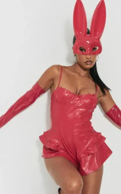 Red Faux Leather Frill Short Detail Strappy Romper