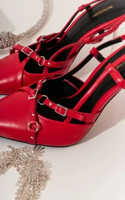 Red Faux Leather Point Toe Buckle Strap Sling Back High Heeled Mules