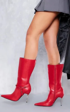 Red Faux Leather Point Toe Buckle Strap Heeled Ankle Boots