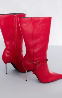 Red Faux Leather Point Toe Buckle Strap Heeled Ankle Boots