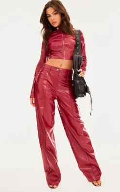 Red Faux Leather Seam Detail Straight Leg Pants