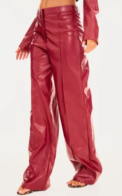 Red Faux Leather Seam Detail Straight Leg Pants