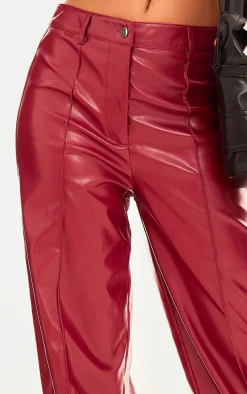 Red Faux Leather Seam Detail Straight Leg Pants